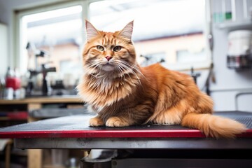  Step into a pet shop and witness a professional groomer using electric clippers to give a cat a stylish haircut - obrazy, fototapety, plakaty