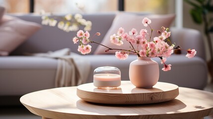 Elegant living room interior with pink flowers in vase