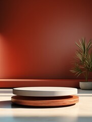 Composition with modern product empty podium, minimalism. Composition with Cylinder Podium or Stand on Red Background for Product Display