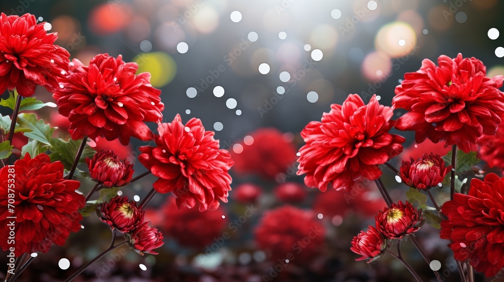 Aufkleber red chrysanthemum on isolated magical bokeh background with copy space for text placement