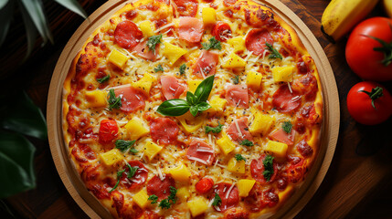 Top View of Mouthwatering Hawaiian Pizza in the Heart of Hawaii. A Slice of Paradise on a Plate