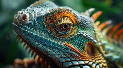 Fototapeta premium a close up of a lizard's face with green leaves in the back ground and a blue and orange lizard's head in the middle of the foreground.