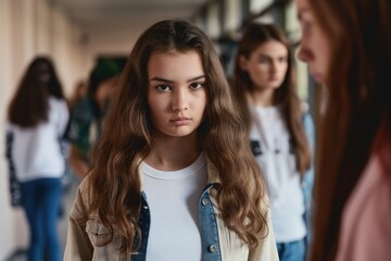 Sad pretty teenage girl looking at the camera at her school - obrazy, fototapety, plakaty