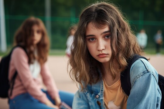 Sad pretty teenage girl looking at the camera at her school