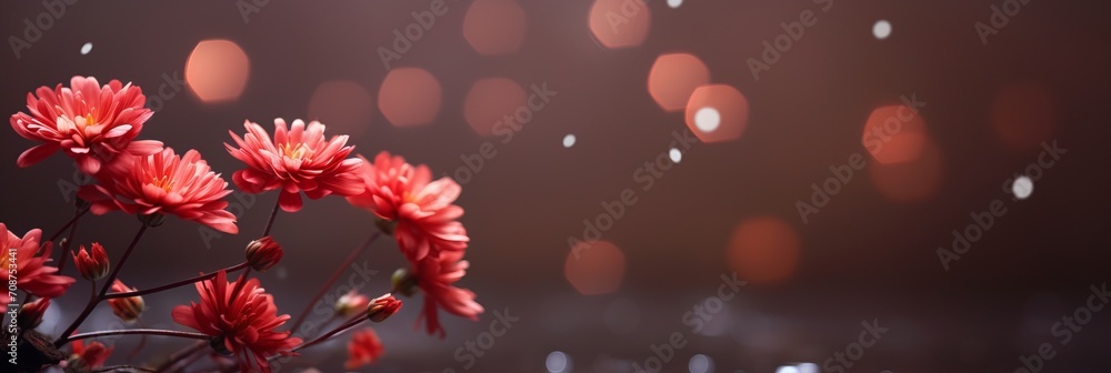 Poster vibrant red chrysanthemum on captivating magical bokeh background with spacious left text area
