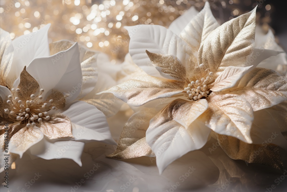 Poster white poinsettia flower with magical bokeh background for text placement on left side