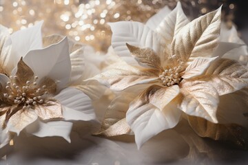 White poinsettia flower with magical bokeh background for text placement on left side