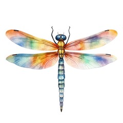Watercolor illustration of blue dragonfly on white background