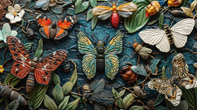  a close up of a bunch of different types of bugs and bugs on a surface with leaves and flowers on the sides of the bugs are painted in different colors of green, red, orange, yellow, orange, blue,.