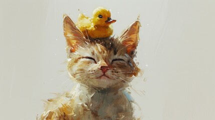  a painting of a cat with a rubber duck on top of it's head and a rubber duck on top of the head of the cat's head.