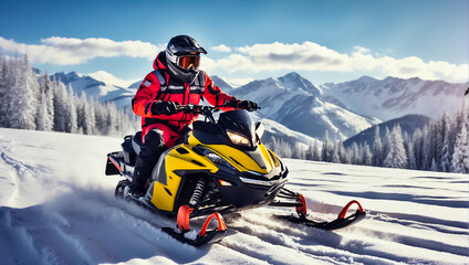 Racers ride a snowmobile in a winter suit in a beautiful magnificent snowy forest, mountains