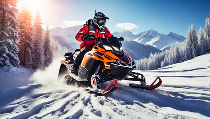 Racers ride a snowmobile in a winter suit in a beautiful magnificent snowy forest, mountains - obrazy, fototapety, plakaty