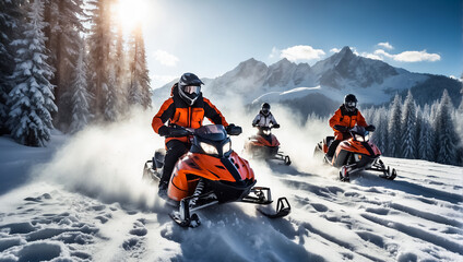 Racers ride a snowmobile in a winter suit in a beautiful magnificent snowy forest, mountains power - obrazy, fototapety, plakaty