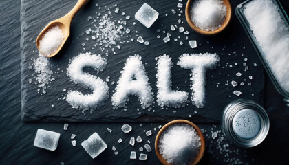 Elegant Artistic Concept of Salt Crystals on Slate Background Forming the Word 'SALT', Perfect for Kitchen and Culinary Themes