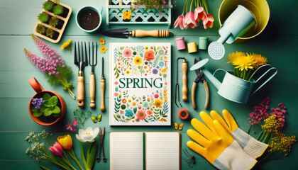 Colorful Spring Flatlay with Flowers, Gardening Tools, Watering Can, and Notebook for 'SPRING' Magazine Cover