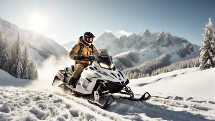 Racers ride a snowmobile in a winter suit in a beautiful magnificent snowy forest, mountains active - obrazy, fototapety, plakaty