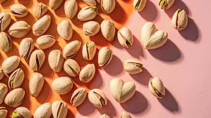  a pile of pistachio nuts on a pink and orange surface with a shadow of pistachio on the top of the pistachio pistachio.