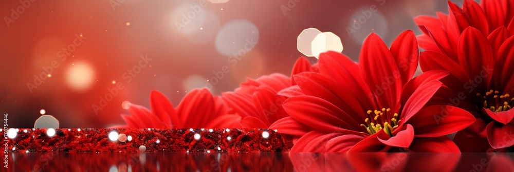 Poster red chrysanthemum on isolated magical bokeh background with copy space for text placement