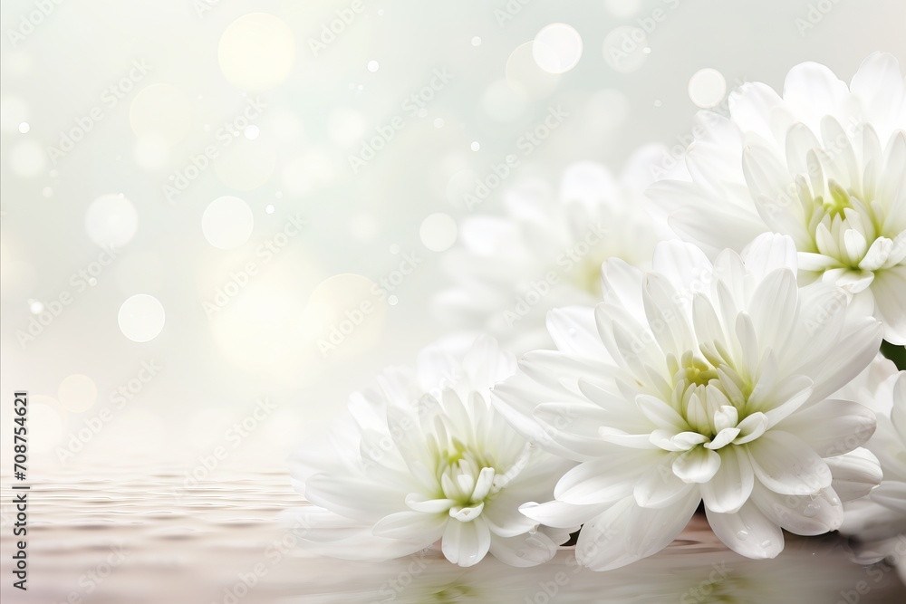 Poster elegant white chrysanthemum on isolated magical bokeh background with ample copy space on the left