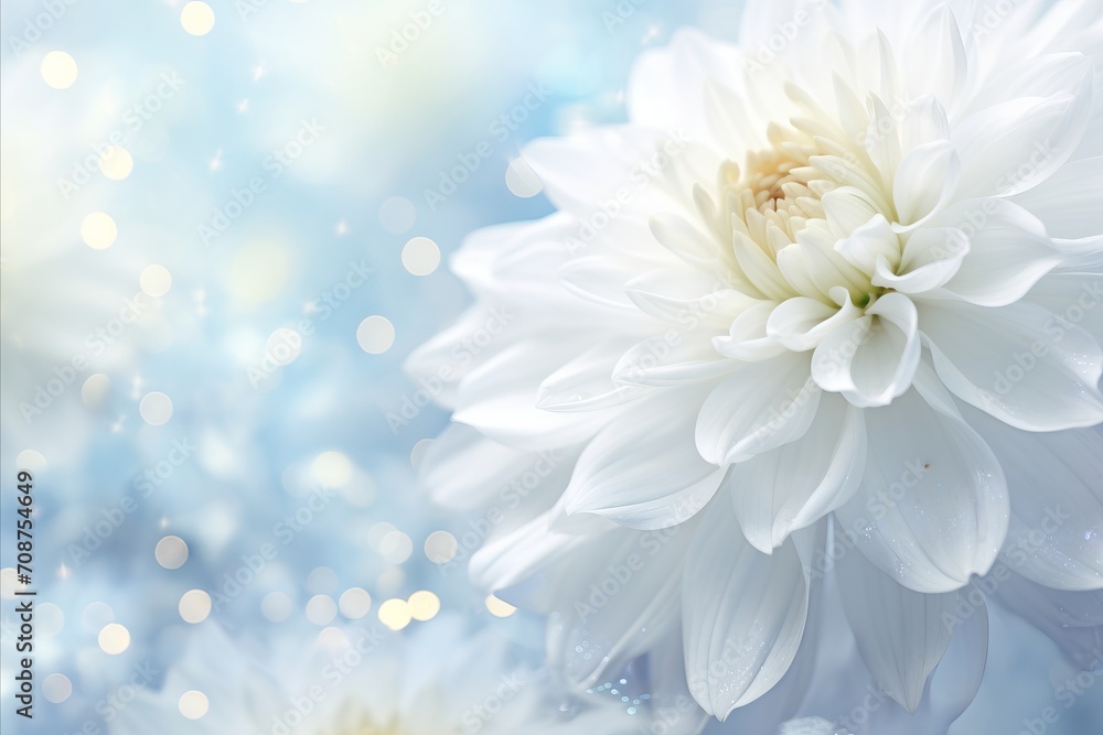 Poster white chrysanthemum on isolated magical bokeh background with copy space for text placement