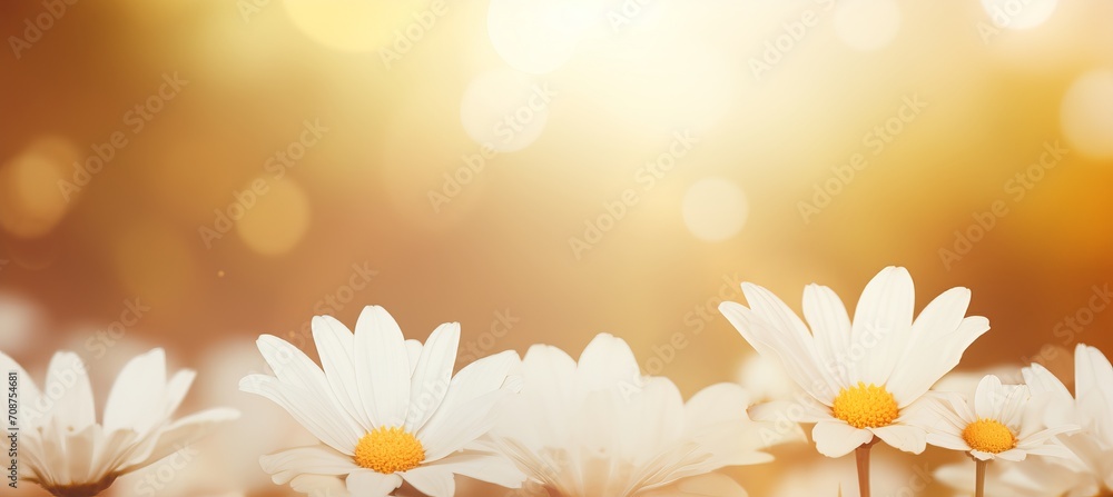 Poster striking white chrysanthemum on magical bokeh background with generous text space on the left side
