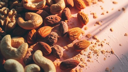  a pile of nuts sitting next to each other on top of a white surface with a shadow of a person's hand on the side of the top of the nuts.