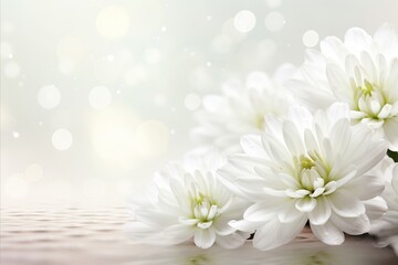 Elegant white chrysanthemum on isolated magical bokeh background with ample copy space on the left