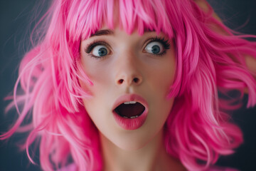 Portrait of a beautiful excited young woman with pink hair on a pink background. Suprised woman with a pink hair. Shocked girl portrait. Believing in Shock. Amazed Young Woman with Pink Hair Staring i
