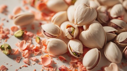 Obraz na płótnie Canvas a close up of a pile of pistachios on a white surface with pink flower petals scattered around the top of the pistachios and the pistachios.