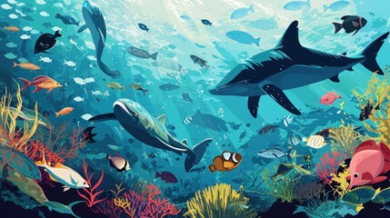  a painting of a group of sharks swimming in the ocean surrounded by corals and other marine life, including fish, corals and seaweed, and sponges.