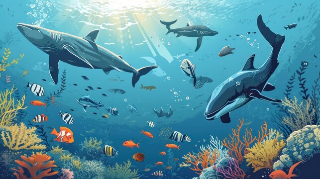  a painting of a group of sharks swimming in the ocean with corals and other marine life around them, with sunlight shining on the bottom of the water and bottom part of the image.