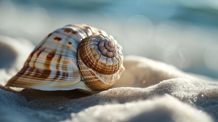  a close up of a sea shell on a sandy beach with a blurry background of water and sand in the foreground and a soft focus on the foreground.