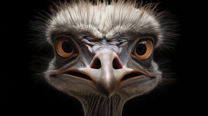  a close up of an ostrich's face on a black background with its head turned to the side and looking straight ahead with an orange eyeshadow.