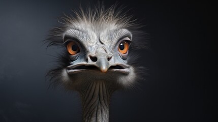  a close up of an ostrich's face with an orange - eyed bird's head in front of a black background, with a dark background.