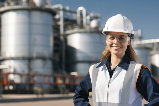 Portrait of a female chemical engineer wearing safety gear and smiling at the camera
