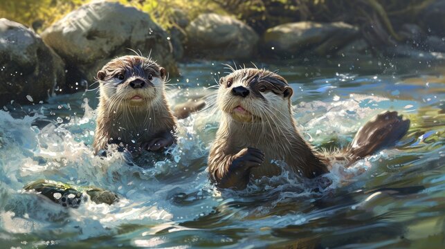  a painting of two otters swimming in a body of water with rocks and trees in the background and one of the two otters is looking up at the camera.