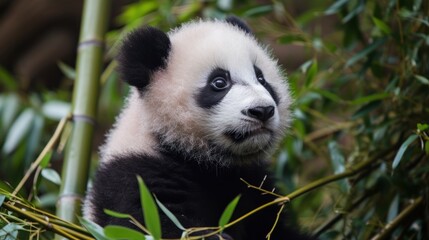 Obraz premium a panda bear sitting on top of a tree next to a lush green leaf filled forest filled with lots of green plants and tall green leaves on a sunny day.