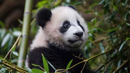  a panda bear sitting on top of a tree next to a lush green leaf filled forest filled with lots of green plants and tall green leaves on a sunny day.