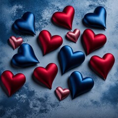 Obraz premium Blue and Red silk hearts on a Blue color background