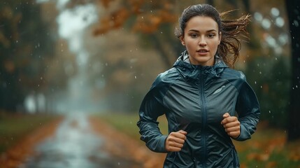 Young athletic woman running in the rain - obrazy, fototapety, plakaty