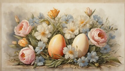 Obraz na płótnie Canvas Illustration, postcard, banner: watercolor still life of a bouquet of garden flowers and Easter eggs.