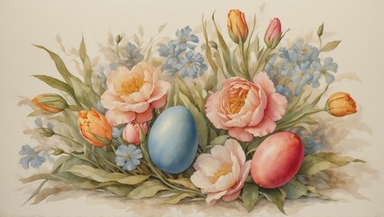 Illustration, postcard, banner: watercolor still life of a bouquet of garden flowers and Easter eggs.