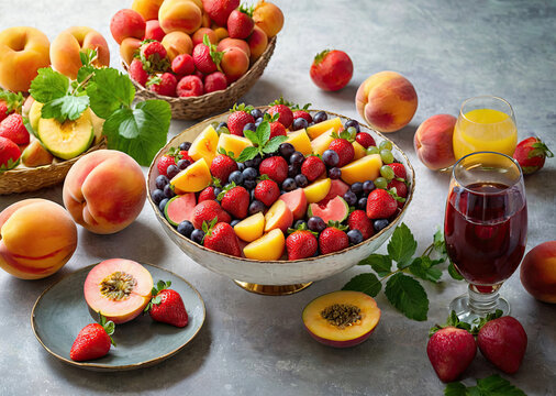 Composition with sliced sweet fruits and berries on a plate, bright attractive picture