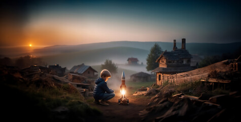 child plays and builds a rocket spaceship in the village. Children's creative thinking - obrazy, fototapety, plakaty