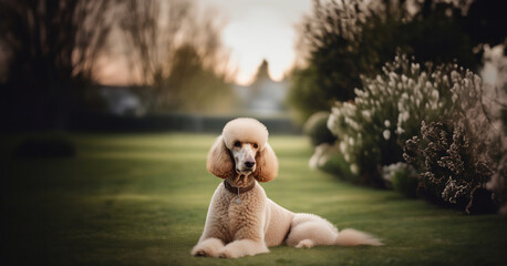 apricot-colored royal standard poodle on the lawn in summer