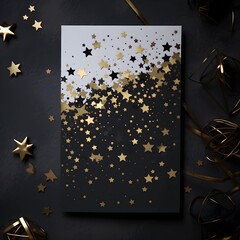 Card with black background and lots of gold stars