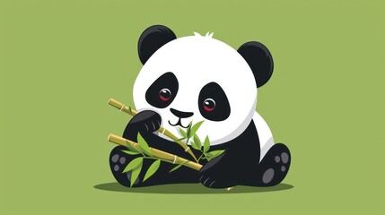 Naklejka premium a panda bear sitting on the ground with bamboo sticks in it's paws and holding a bamboo stick in its paws, with a green background that says panda.