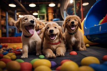 Immerse yourself in the playful atmosphere of a pet shop's grooming area as a lively dog enjoys a...