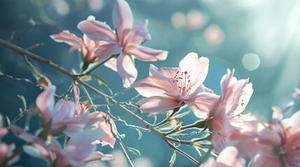  a bunch of pink flowers are blooming on a twig with the sun shining through the leaves of the twig, with a blue sky in the background.