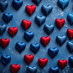 Fototapeta premium Blue and Red silk hearts on a Blue color background
